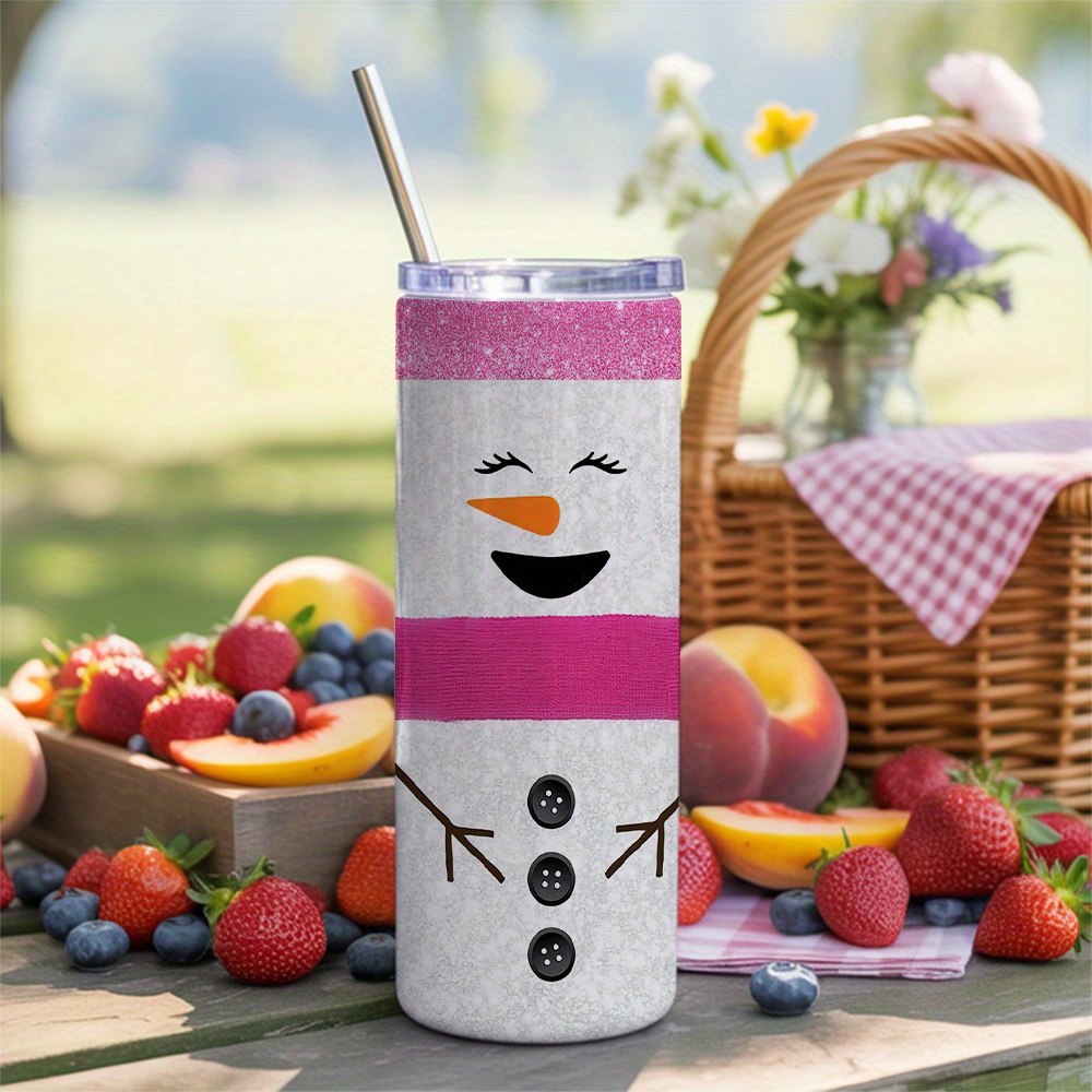 Tumbler 20Oz White - แก้วเก็บความร้อนขนาดใหญ่ 20 ออนซ์ พร้อมลายหน้าสโนว์แมนน่ารัก - แก้วสองชั้นพร้อมหลอดและแปรงทำความสะอาด,
