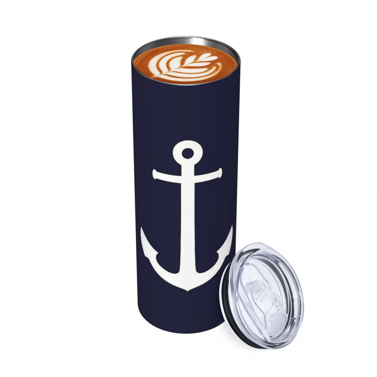 Tumbler 20Oz White - แก้วเก็บอุณหภูมิสแตนเลสสีน้ำเงินกรมท่า ลายสมอเรือสีขาว พร้อมหลอดและฝาปิด ขนาด 20 ออนซ์