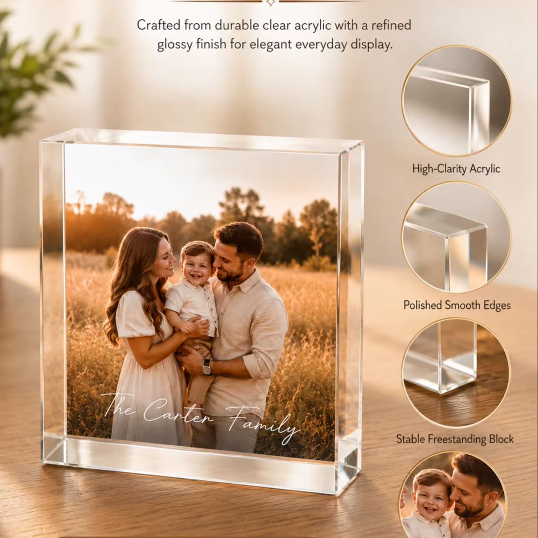 Photo Acrylic Block - บล็อกภาพอะคริลิกสำหรับครอบครัวแบบปรับแต่งได้, กรอบรูปพร้อมชื่อและวันที่, พิมพ์ความละเอียดสูง, ของขวัญตกแต่งบ้านสำหรับวันเกิดและงานแต่งงาน
