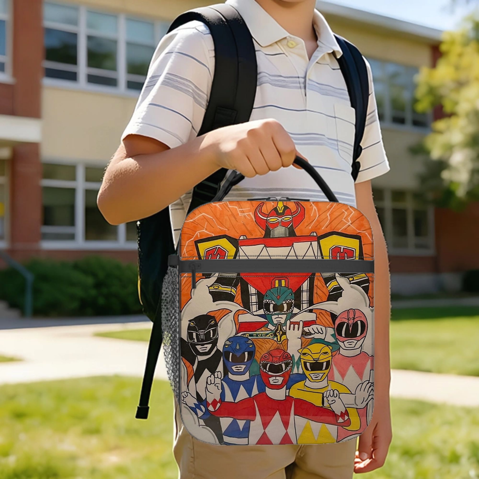 Tote Bag Sublimation - พาวเวอร์เรนเจอร์สและเมกาซอร์ด อาร์ตเวิร์ค ถุงใส่อาหารกลางวันแบบมีฉนวน ถุงเก็บความเย็น กระเป๋าใส่อาหารกลางวัน กล่องอาหารกลางวัน